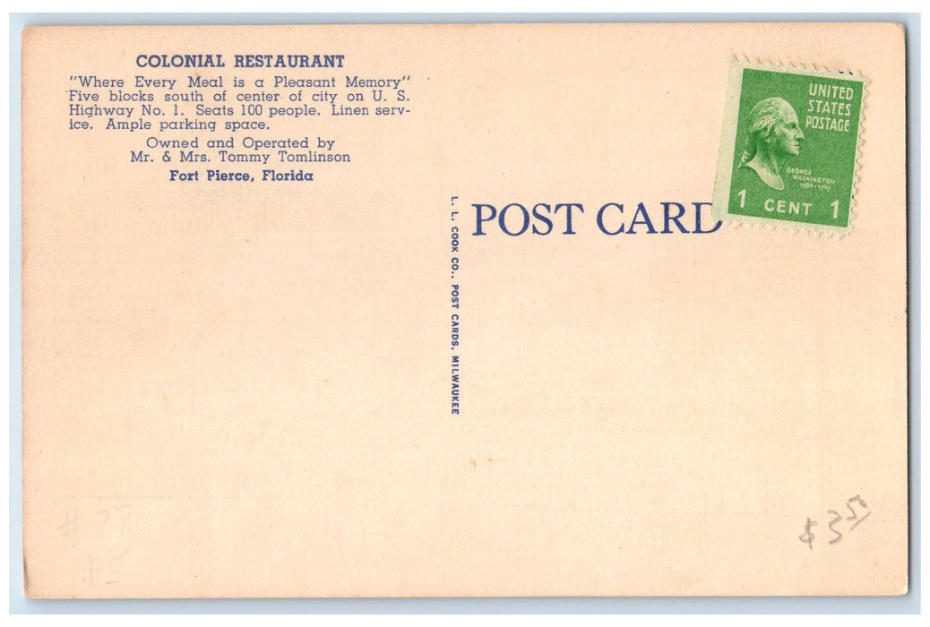 c1940's Colonial Restaurant Exterior Fort Pierce Florida FL Unposted Postcard