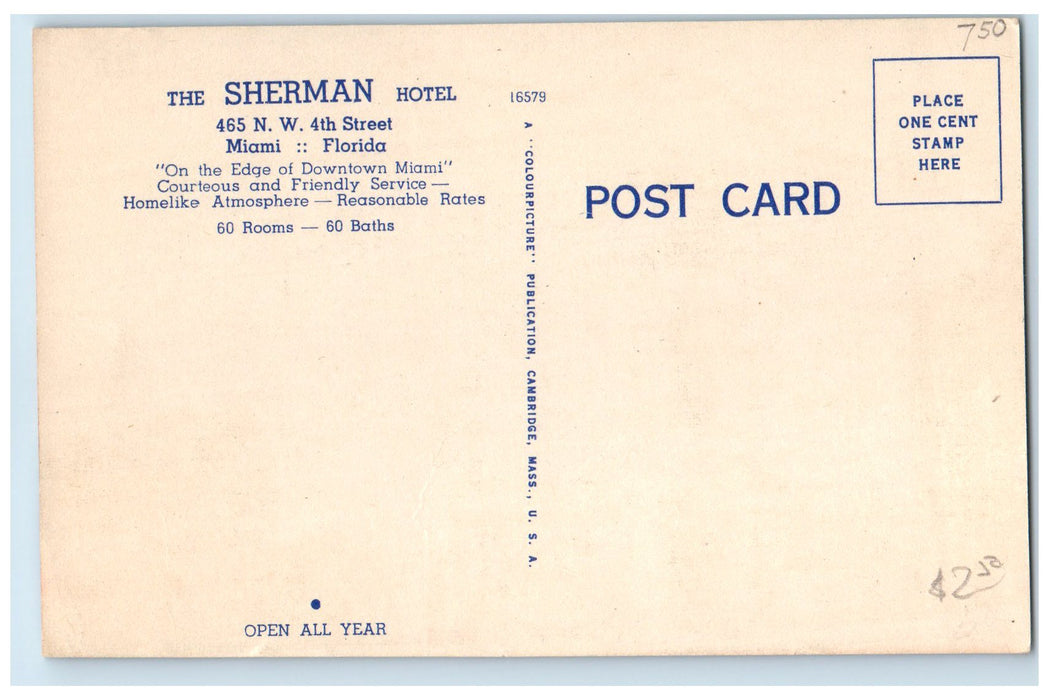 c1940's The Sherman Motel & Restaurant Building Entrance Miami Florida Postcard