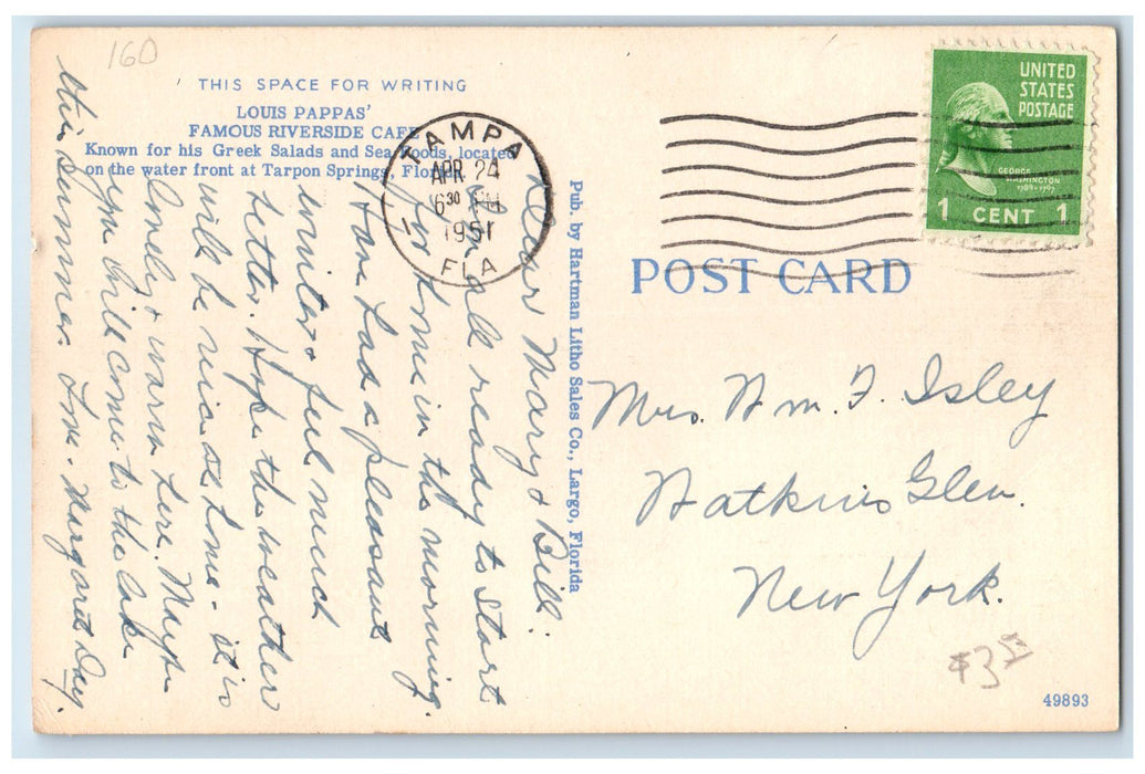 1951 Louis Pappa's Famous Riverside Cafe Scene Tampa Florida FL Posted Postcard
