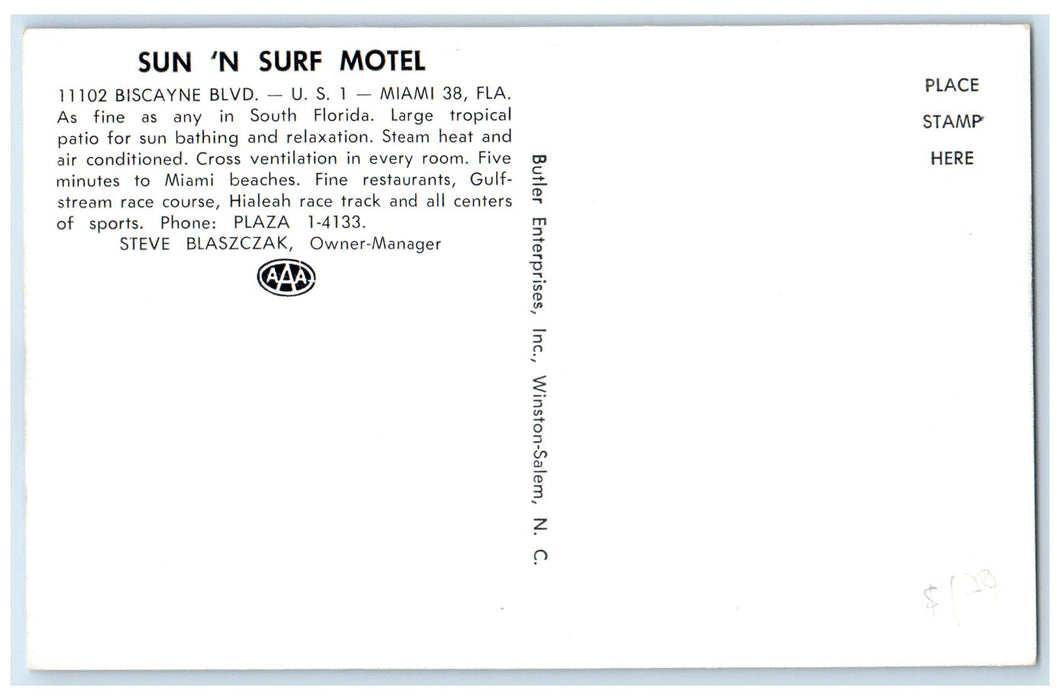 c1950 Sun 'N Surf Motel & Restaurant Classic Car Entrance Miami Florida Postcard