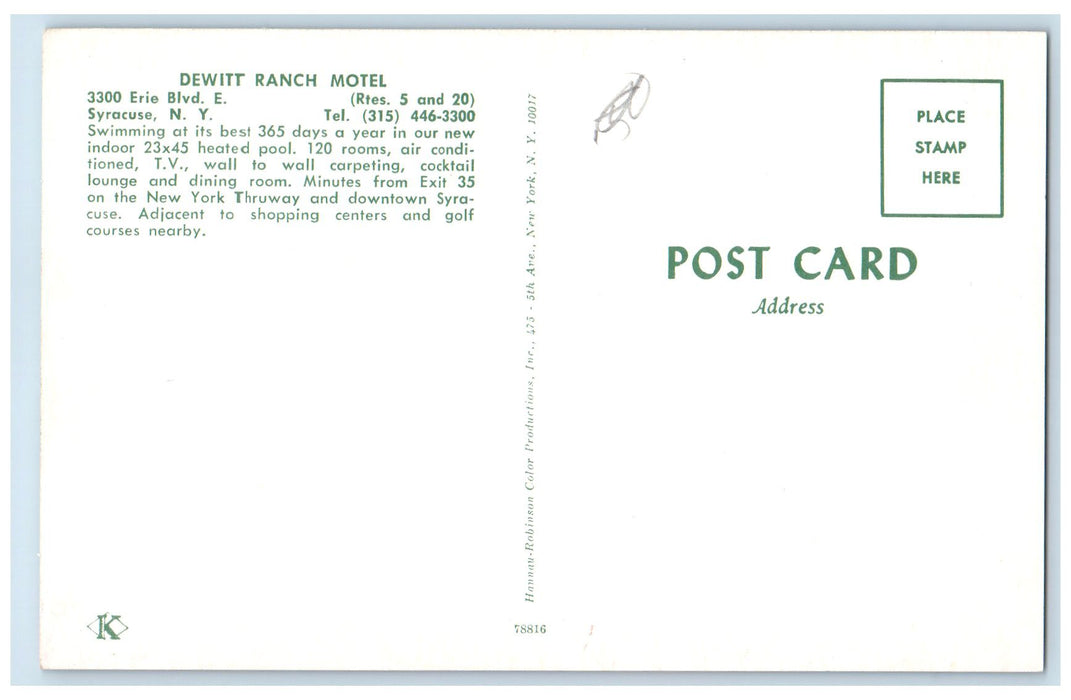 c1960 Dewitt Ranch Motel Exterior Roadside Syracuse New York NY Signage Postcard