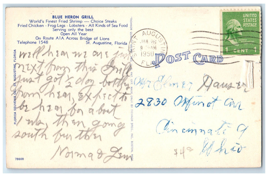 1950 Blue Heron Grill Exterior Roadside St. Augustine Florida FL Posted Postcard
