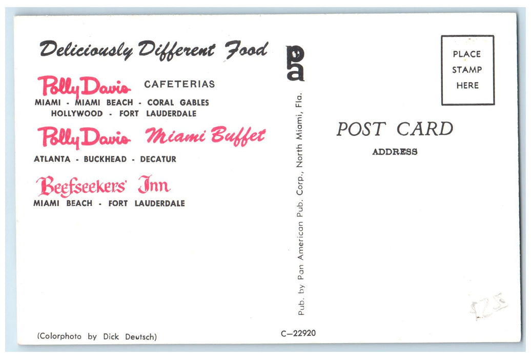 c1950 Polly Davis Cafeteria Beefseakers Inn Lounge Miami Beach Florida Postcard