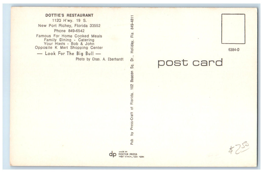 c1960's Dotties Restaurant Exterior Roadside New Port Richey Florida FL Postcard