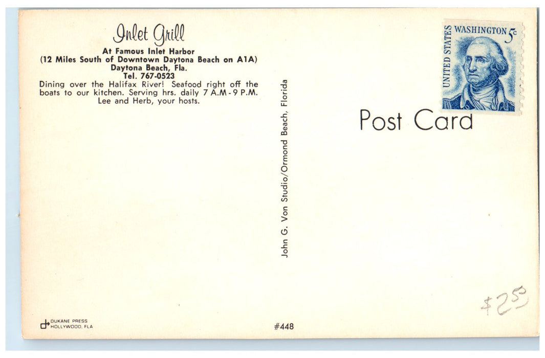 c1960's Inlet Grill Harbor Restaurant Daytona Beach Florida FL Unposted Postcard