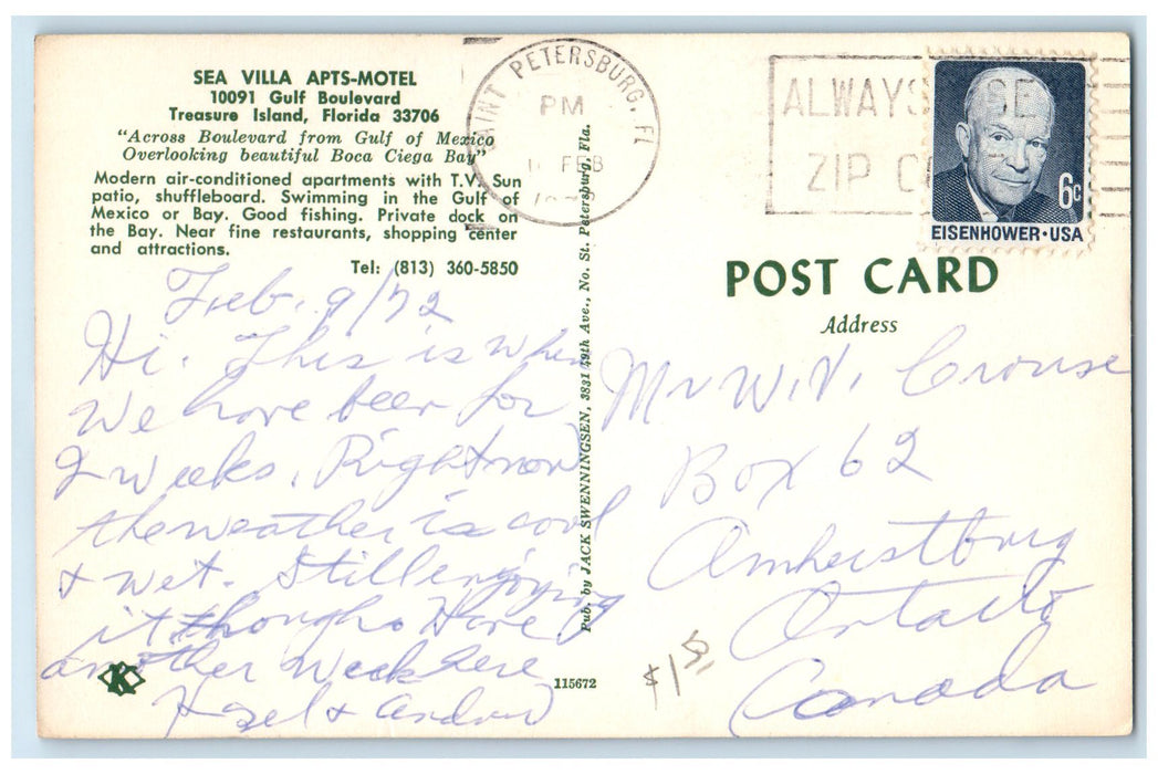 1972 Sea Villa Apartments & Motel Restaurant Treasure Island Florida Postcard