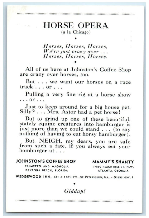 c1960's Johnston's Coffee Shop Horse Opera Daytona Florida FL Unposted Postcard