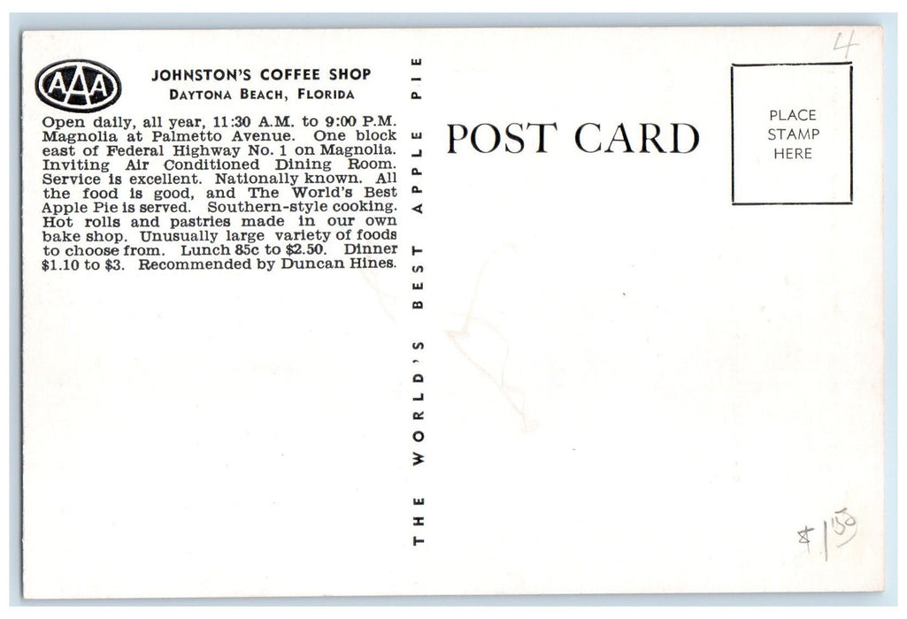 c1960's Johnston's Coffee Shop Horse Opera Daytona Florida FL Unposted Postcard