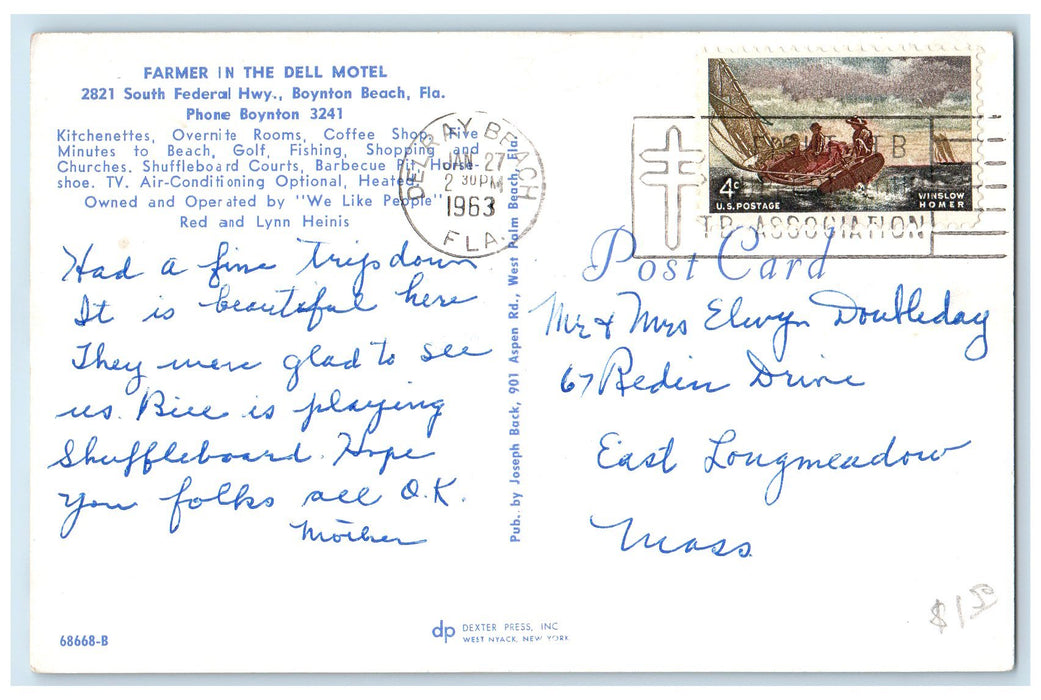 1963 Farmer In The Dell Motel & Restaurant Multiview Boynton Florida Postcard