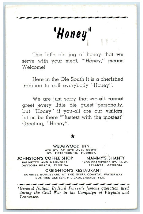 1957 Wedgewood Inn Honey St. Petersburg Florida FL Posted Advertisement Postcard