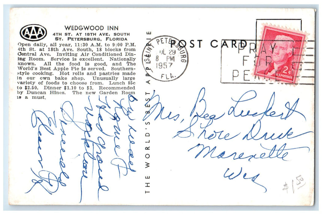 1957 Wedgewood Inn Honey St. Petersburg Florida FL Posted Advertisement Postcard