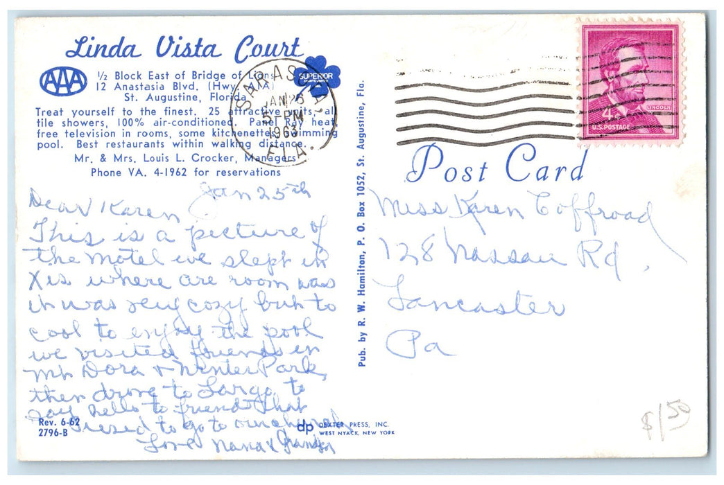 1963 Linda Vista Court & Restaurant Multiview St. Augustine Florida Postcard