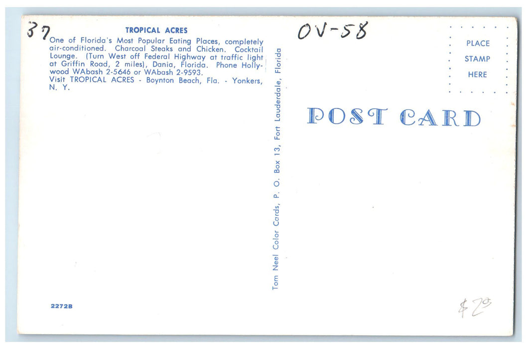 c1960s Tropical Acres Restaurant Exterior Boynton Beach Florida FL Tree Postcard
