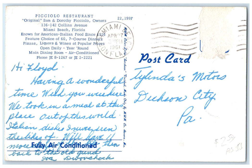 1961 Picciolo Restaurant Main Dining Room And Terrace Miami Florida FL Postcard