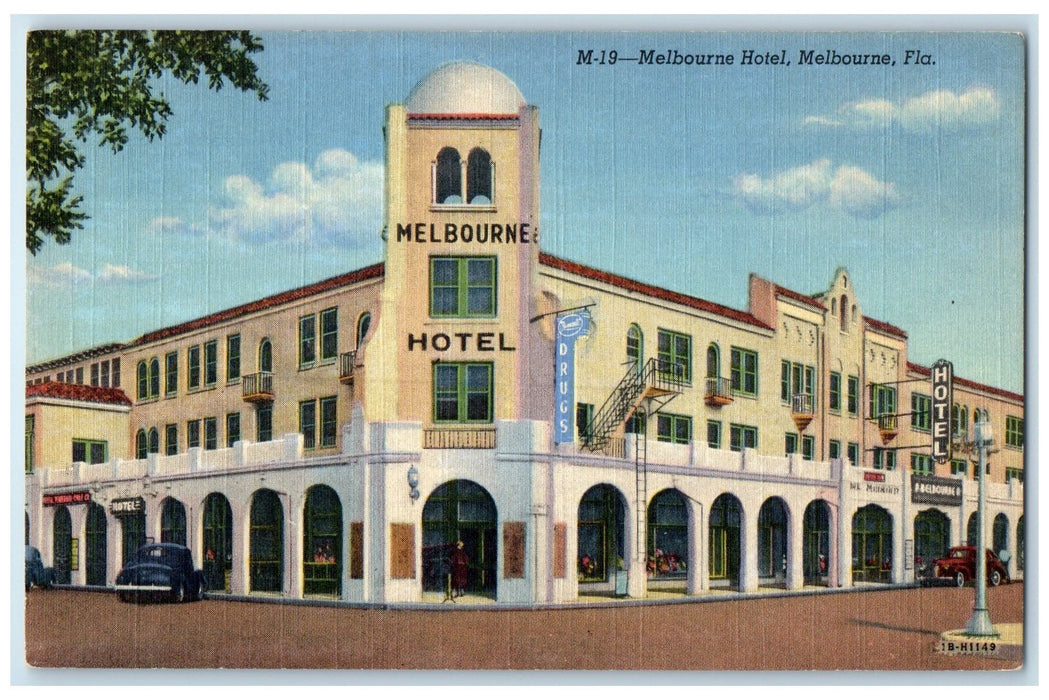 c1940's Melbourne Hotel & Restaurant Building Cars Melbourne Florida FL Postcard
