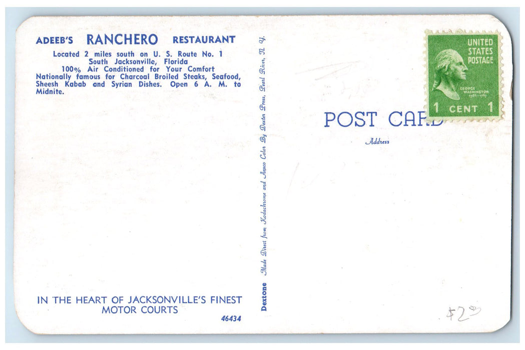 c1960's Adeeb's Ranchero Restaurant Exterior Jacksonville Florida FL Postcard