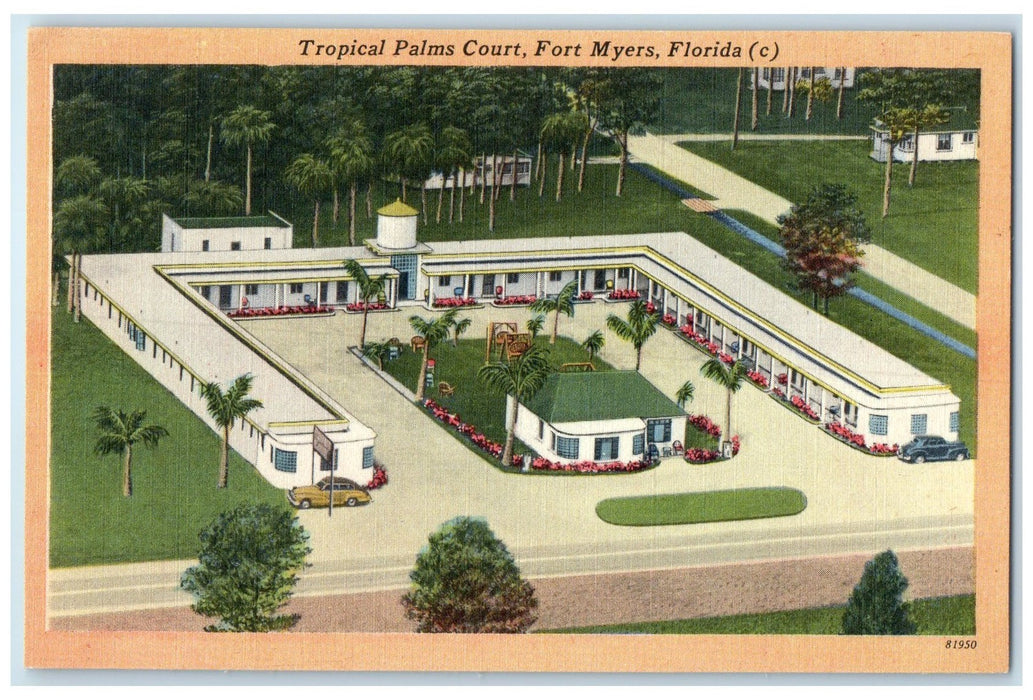 c1960's Aerial View Of Tropical Palms Court Fort Myers Florida FL Trees Postcard