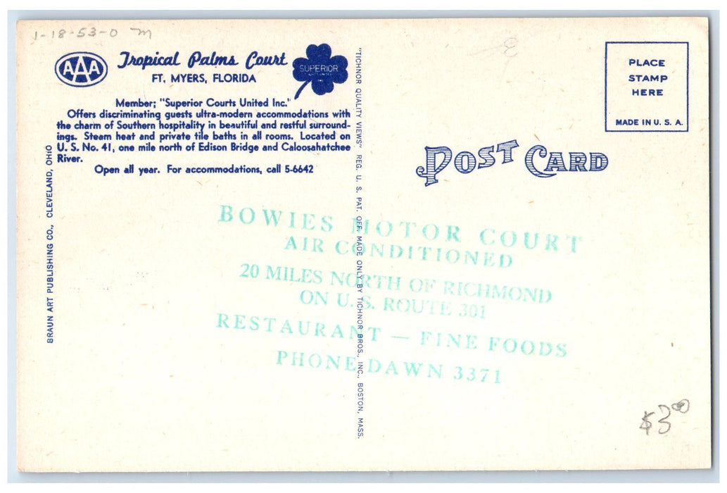c1960's Aerial View Of Tropical Palms Court Fort Myers Florida FL Trees Postcard