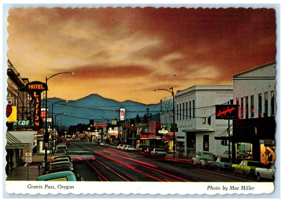 c1960's Downtown Business District At Dusk Grants Pass Oregon OR Sunset Postcard