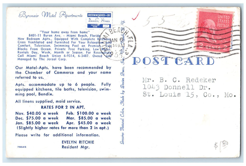 1955 Byronair Motel Apartments Restaurant Multiview Miami Beach Florida Postcard