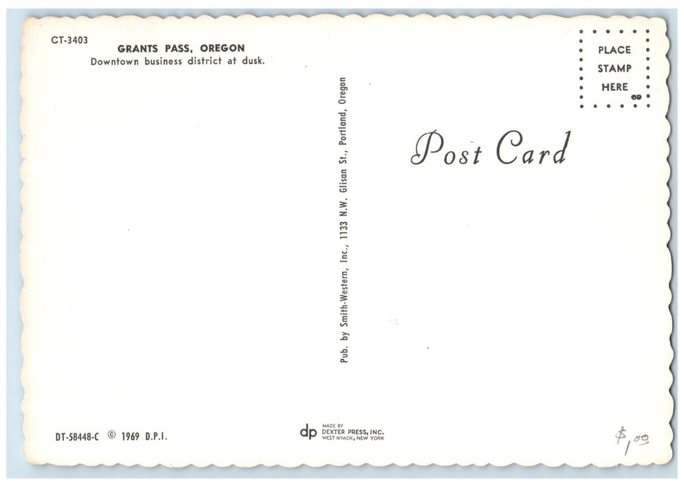 c1960's Downtown Business District At Dusk Grants Pass Oregon OR Sunset Postcard