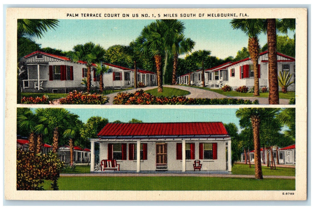 c1940's Palm Terrace Court Exterior Roadside Melbourne Florida FL Trees Postcard