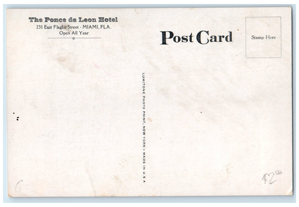 c1920's The Ponce De Leon Hotel & Restaurant Building Miami Florida FL Postcard