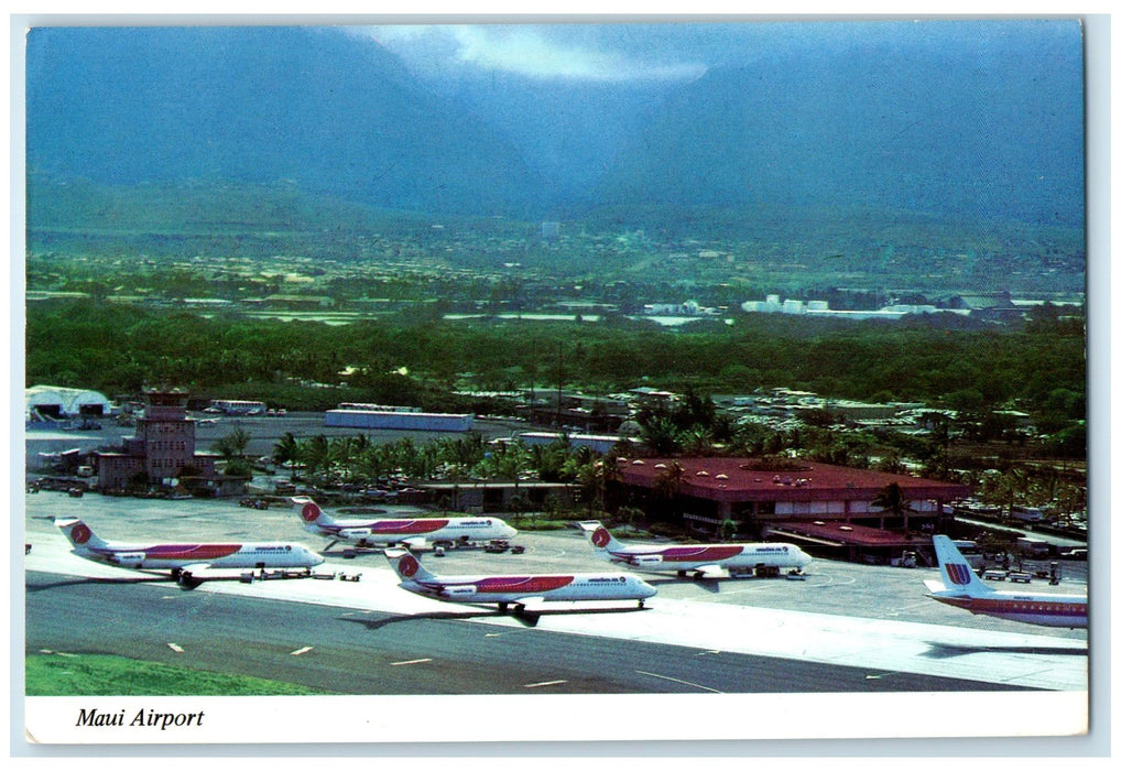 c1960s Aerial View Of Maui Airport Airplanes Scene Maui Hawaii HI Trees Postcard