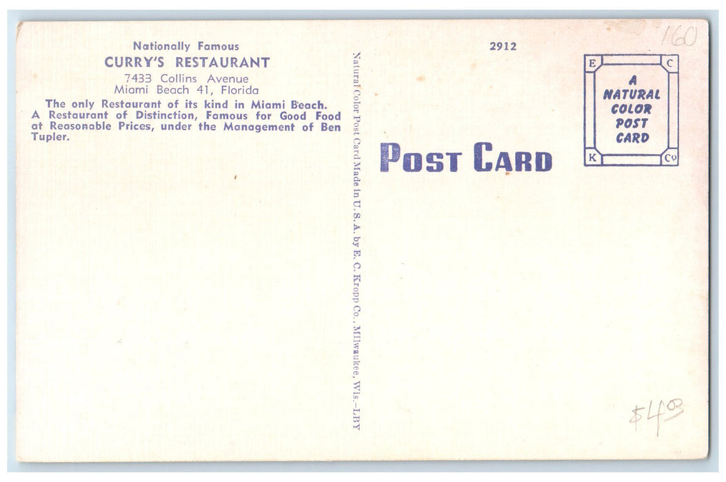 c1940s Nationally Famous Curry Restaurant Miami Beach Florida FL Tables Postcard