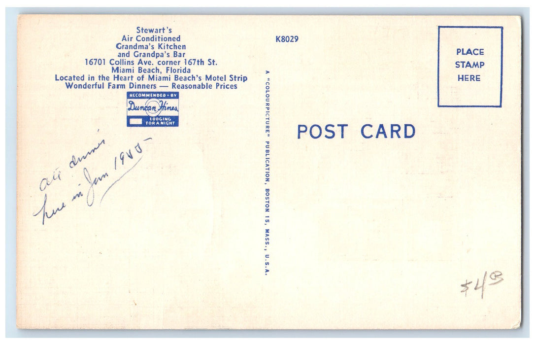 c1940s Stewart's Motel And Kitchen Restaurant Miami Florida FL Unposted Postcard