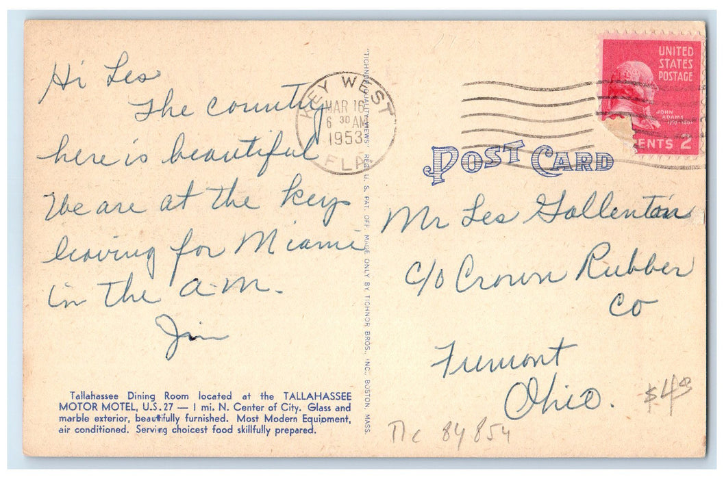 1953 Tallahassee Dining Room Exterior Tallahassee Florida FL Posted Car Postcard
