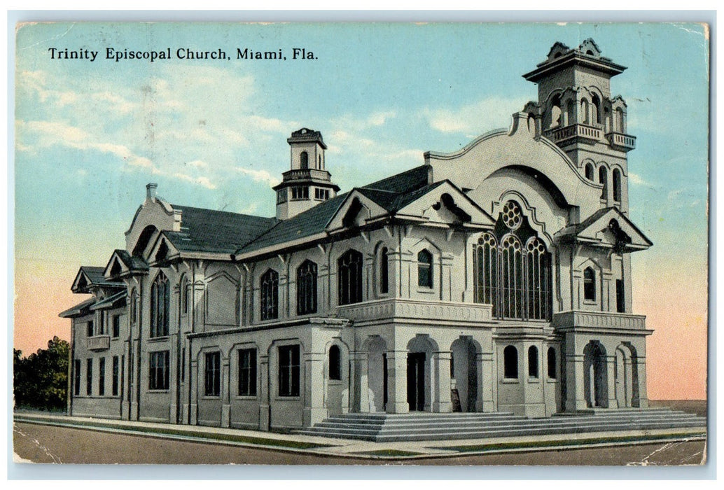 1914 Trinity Episcopal Church Building Tower Steps Miami Florida FL Postcard