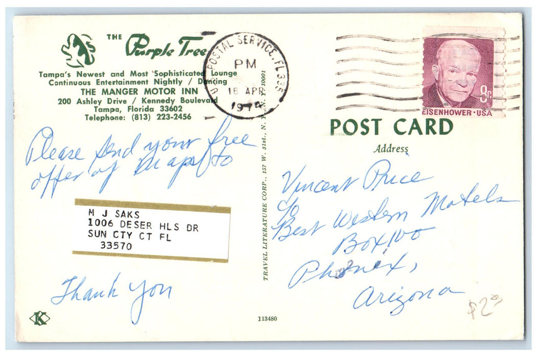 1974 The Purple Tree Motel Interior Bar Scene Tampa Florida FL Posted Postcard