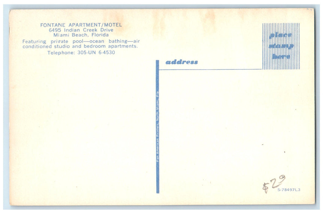 c1950's Fontane Apartment Motel & Restaurant Miami Beach Florida FL Postcard