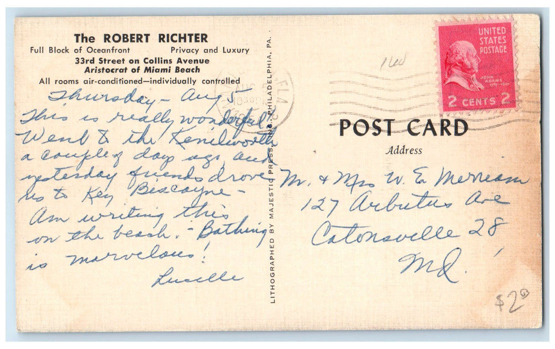 1954 Robert Richter Hotel & Restaurant Aristocrat Miami Beach Florida Postcard