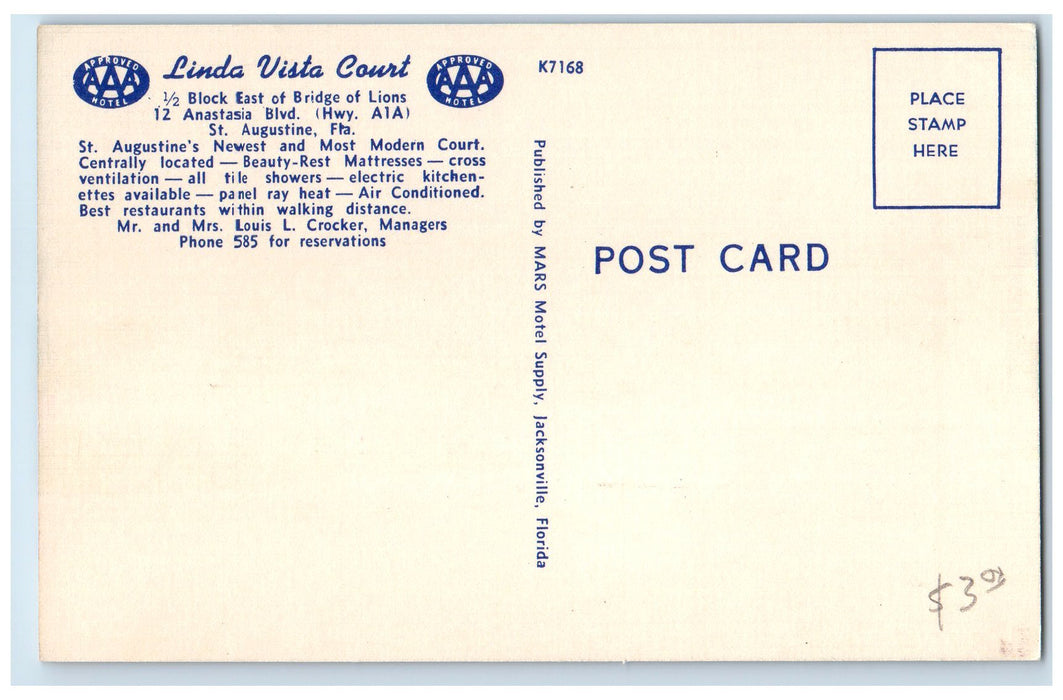 c1940's Linda Vista Court Exterior Roadside St. Augustine Florida FL Postcard