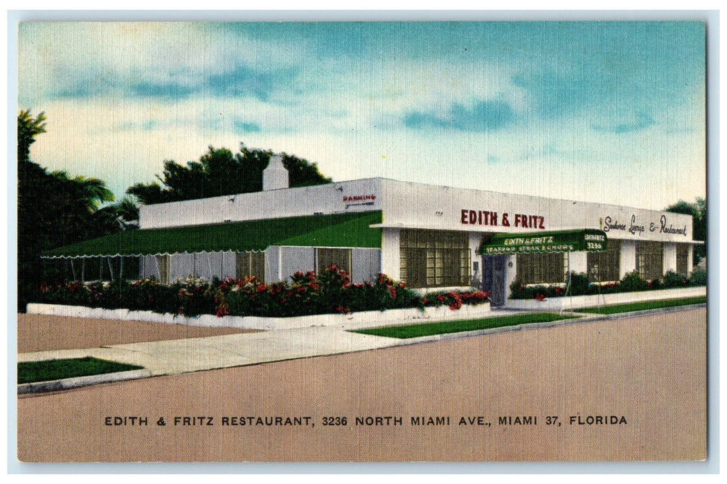 c1940s Edith & Fritz Restaurant Exterior Roadside Miami Florida FL Tree Postcard