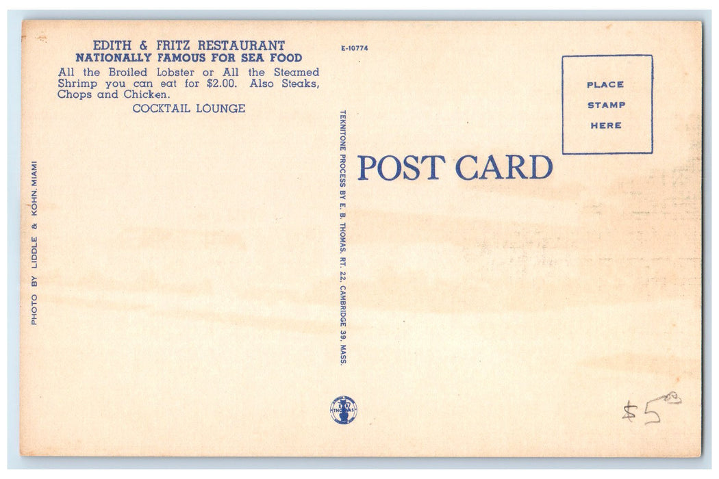 c1940s Edith & Fritz Restaurant Exterior Roadside Miami Florida FL Tree Postcard