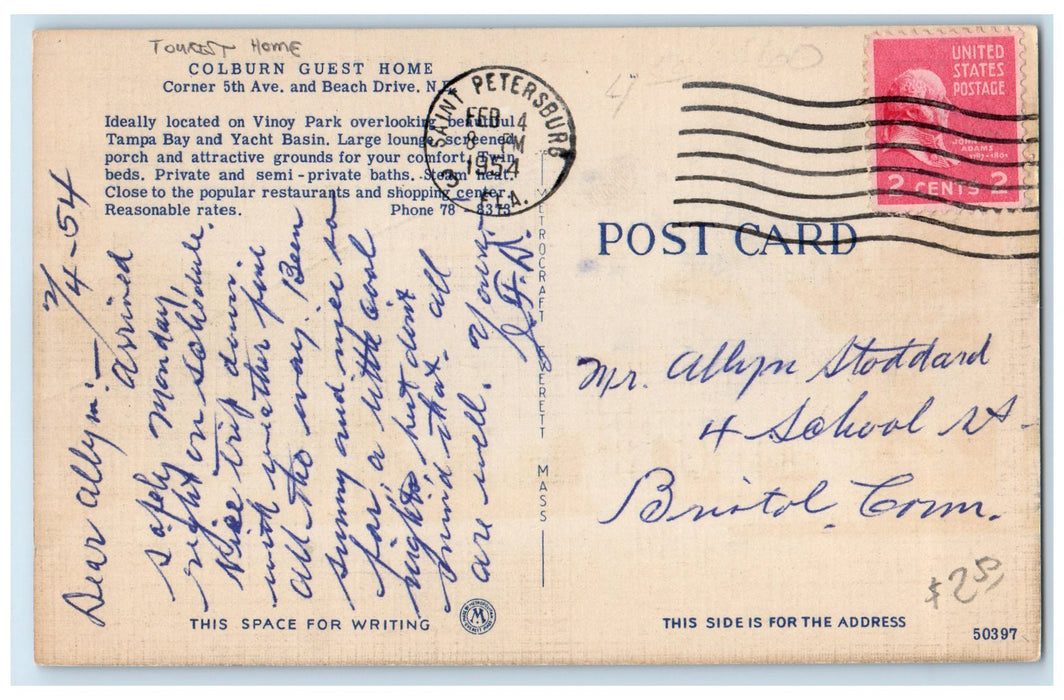 1954 Colburn Guest Home House Entrance Bench NE St. Petersburg Florida Postcard