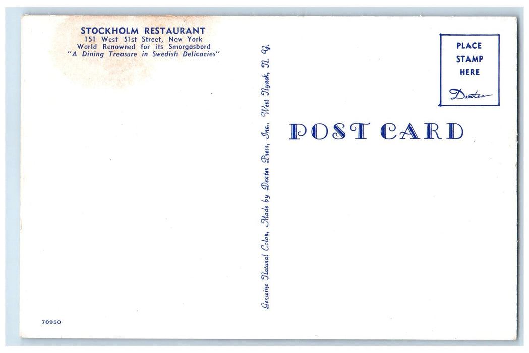 c1960s Stockholm Restaurant Interior New York City New York NY Unposted Postcard