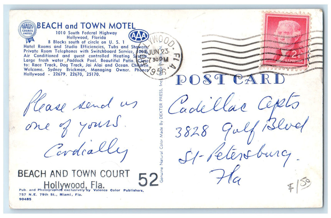 1956 Beach & Town Motel Restaurant Multiview Hollywood Florida Posted Postcard