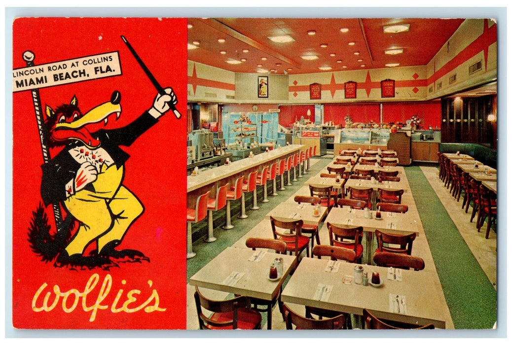 c1950 Wolfies Restaurant & Sandwich Shop Interior Dining Miami Florida Postcard