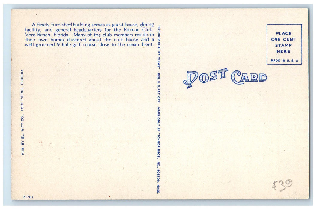 c1940's The Riomar Club House Exterior Roadside Vero Beach Florida FL Postcard