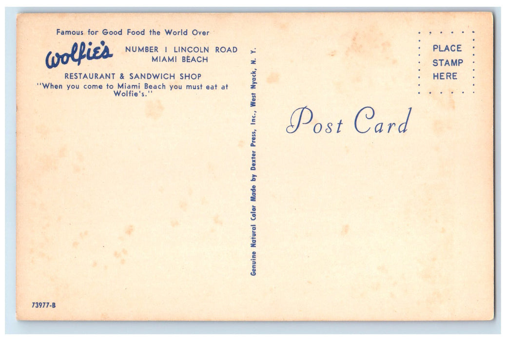 c1950 Wolfies Restaurant & Sandwich Shop Interior Dining Miami Florida Postcard