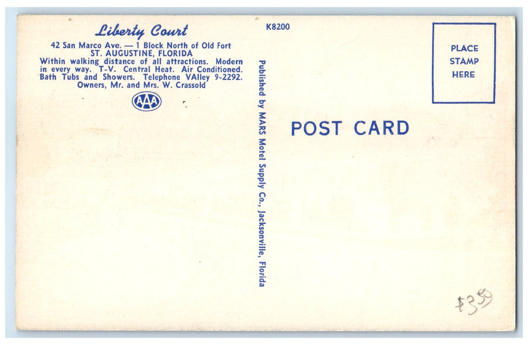 c1940s Liberty Court Exterior Roadside St. Augustine Florida FL Signage Postcard