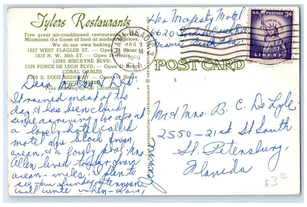 1959 Tylers Restaurant Exterior Roadside Miami Beach Florida FL Signage Postcard