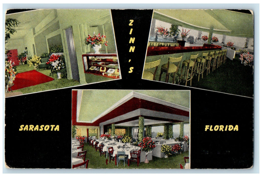 c1940's Zinns Restaurant Dining Interior Sarasota Florida FL Unposted Postcard