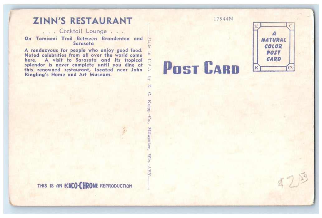 c1940's Zinns Restaurant Dining Interior Sarasota Florida FL Unposted Postcard