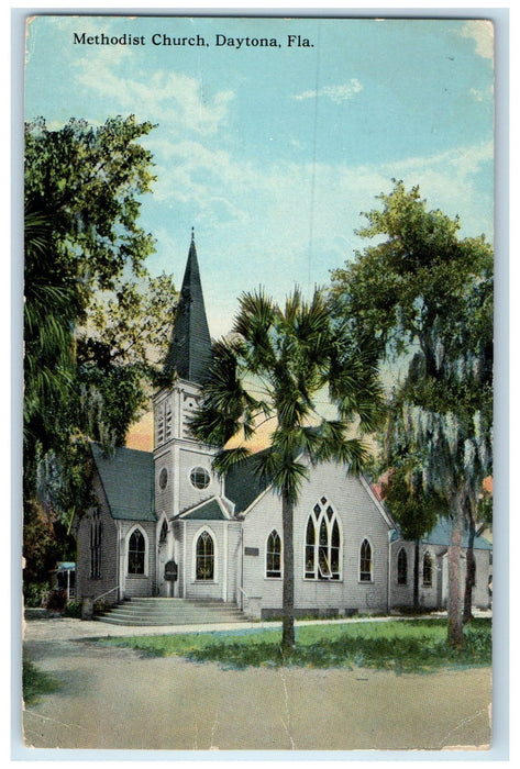 c1914 Methodist Church Building Tower Steps Entrance Daytona Florida Postcard