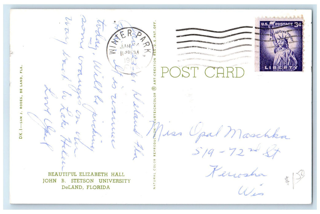 1961 Beautiful Elizabeth Hall John B Stetson University DeLand Florida Postcard